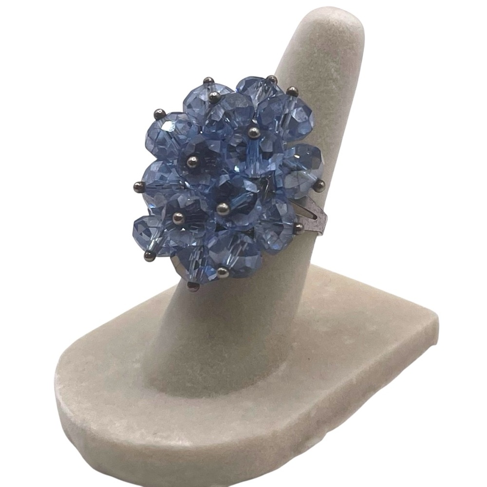❤️ Blue Acrylic Beaded Silver Adjustable Costume Ring - Picture 2 of 6
